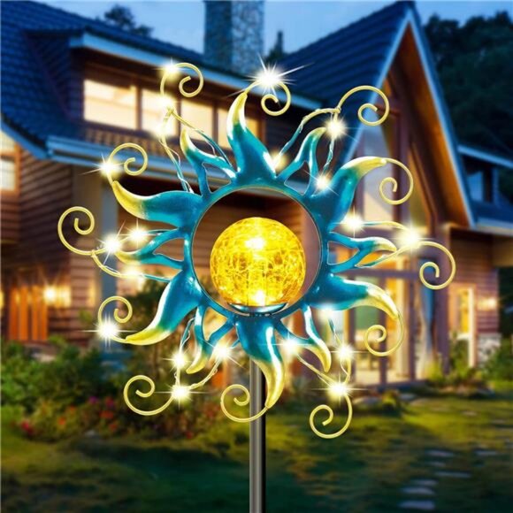 Blue Metal Sun Crackle Glass Globe Stake Waterproof 30LED Decorations - Picture 1 of 7